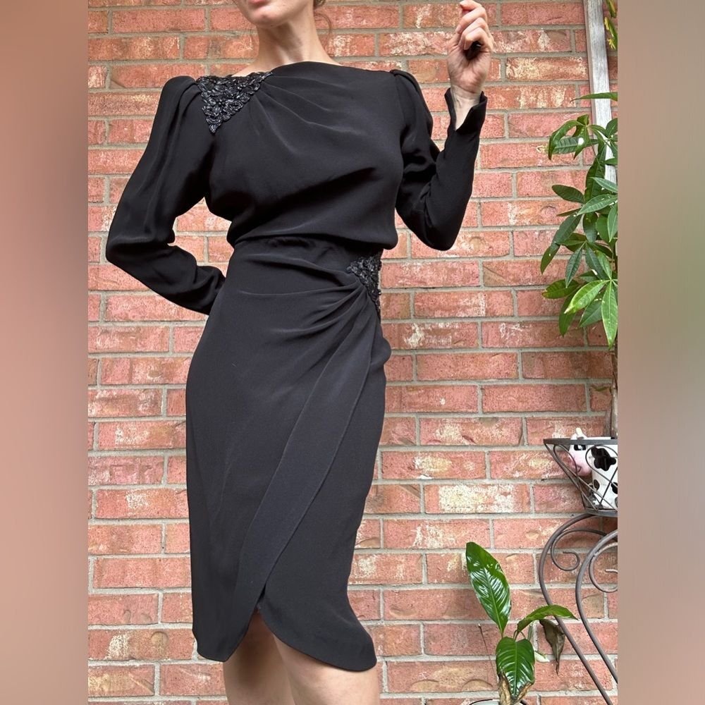 VTG 80s 90s Black Cocktail Dress Beaded Draped Harry Acton For After Five Sz 6 - Picture 2 of 16